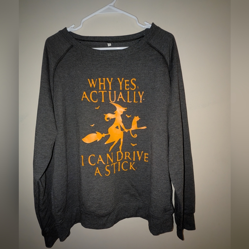 NWT Lilicloth Long Sleeve Gray Shirt Witch, Bats, Cat Women's Size XXL